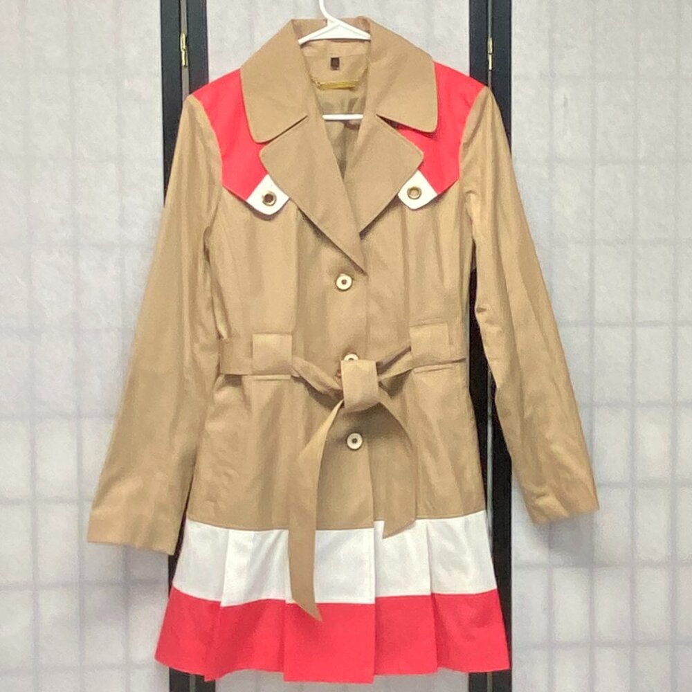 Vintage Iman Platinum Pleated Trench Coat Beige Pink White Classic L Rain Jacket
